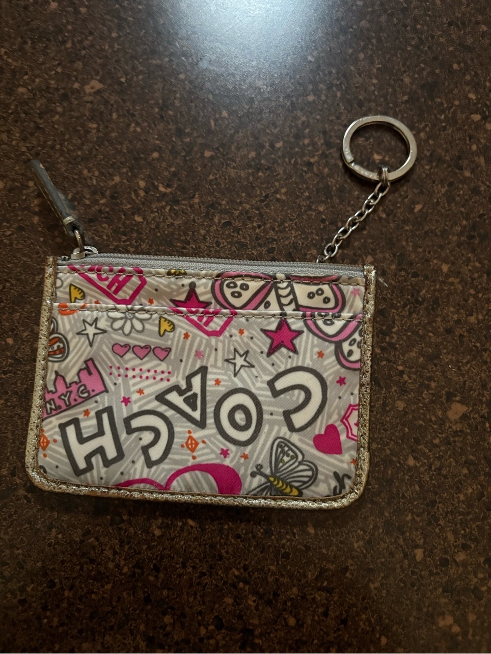 Coach Poppie  Pink & Gray Graphic Card Case Keychain